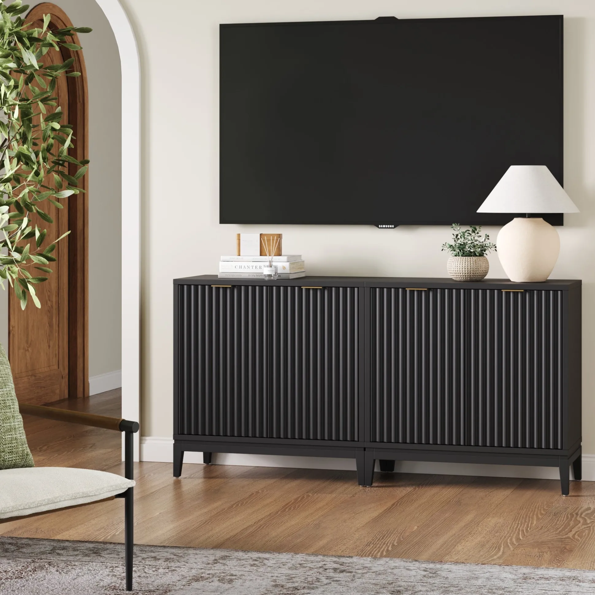 Mid-Century Fluted TV Console for TVs up to 65" Black