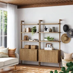 Mid-Century Fluted Wall Bookshelves with Doors Light Brown (Set of 2)