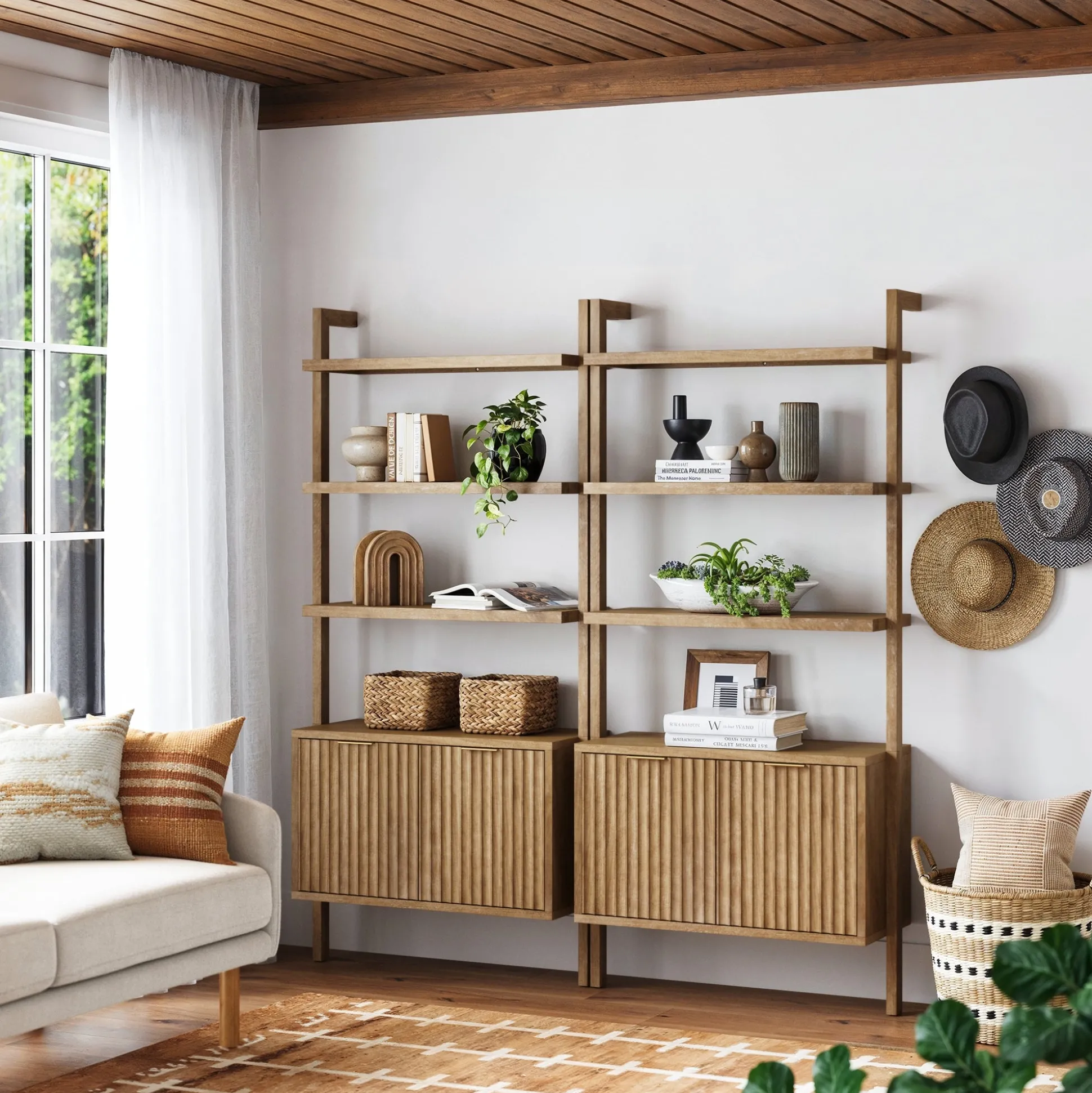 Mid-Century Fluted Wall Bookshelves with Doors Light Brown (Set of 2)