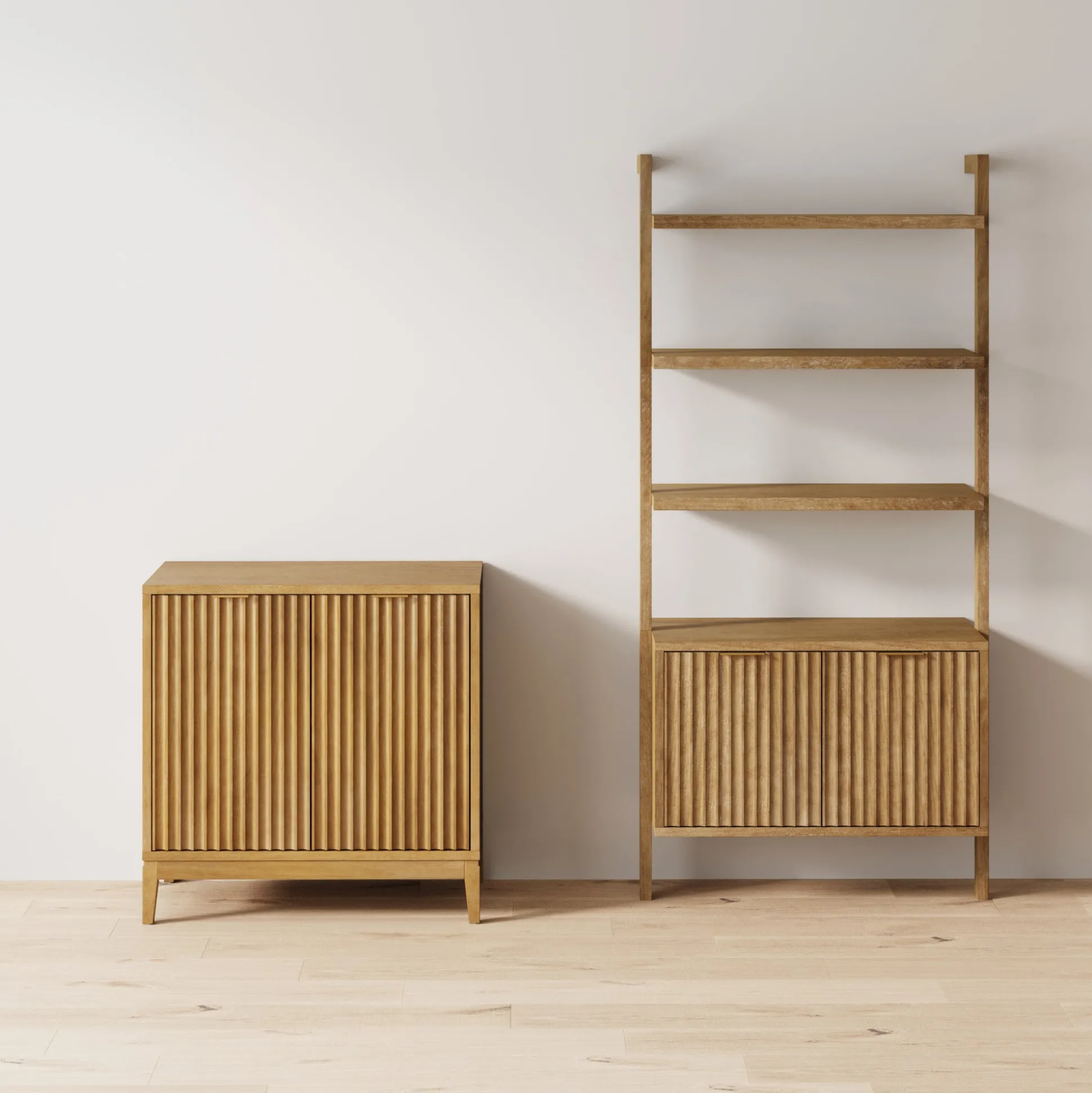 Mid-Century Fluted Wall Bookshelves with Doors Light Brown (Set of 2)