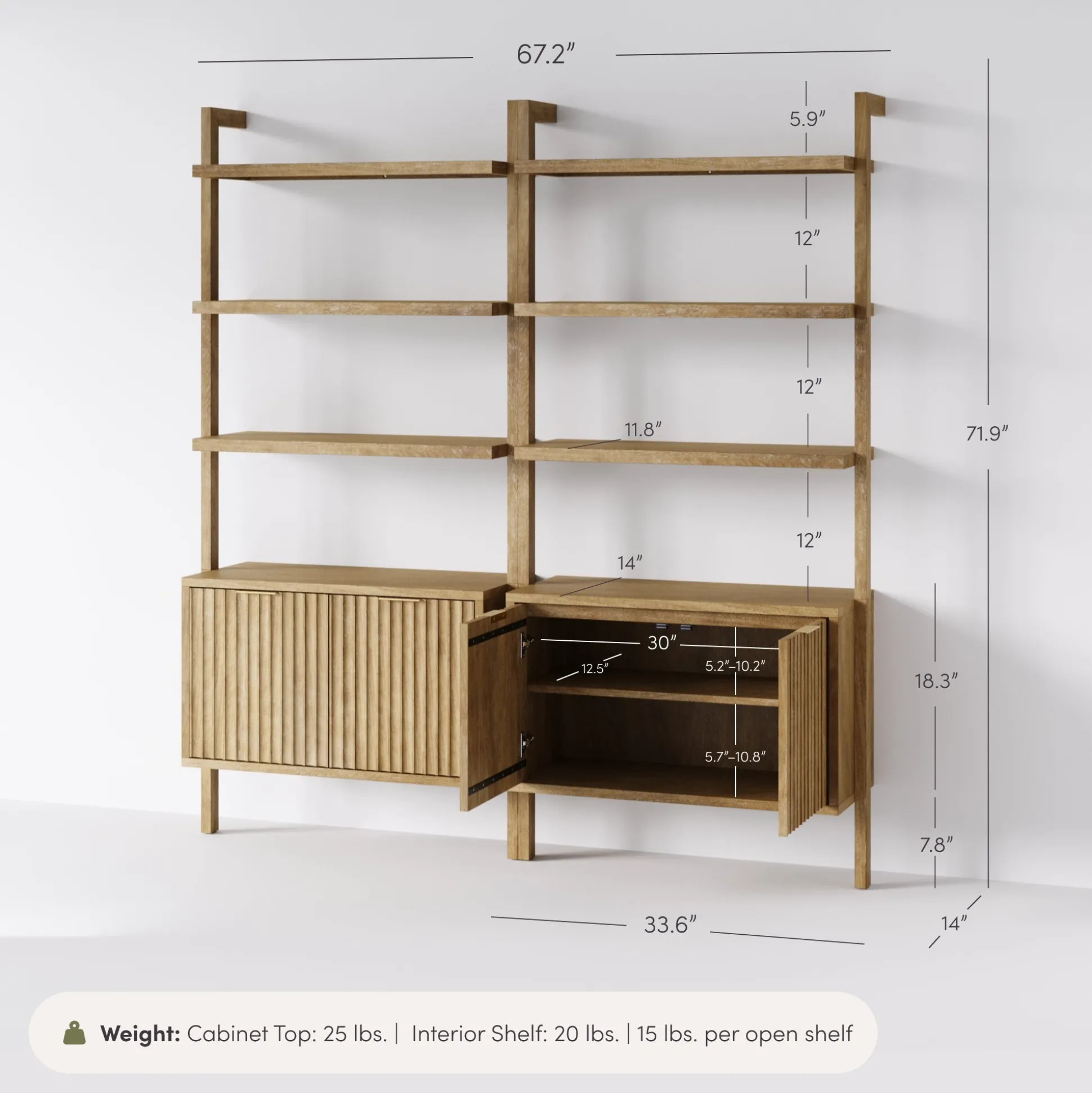 Mid-Century Fluted Wall Bookshelves with Doors Light Brown (Set of 2)