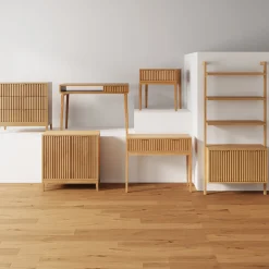 Mid-Century Fluted Wall Bookshelves with Doors Warm Pine (Set of 2)