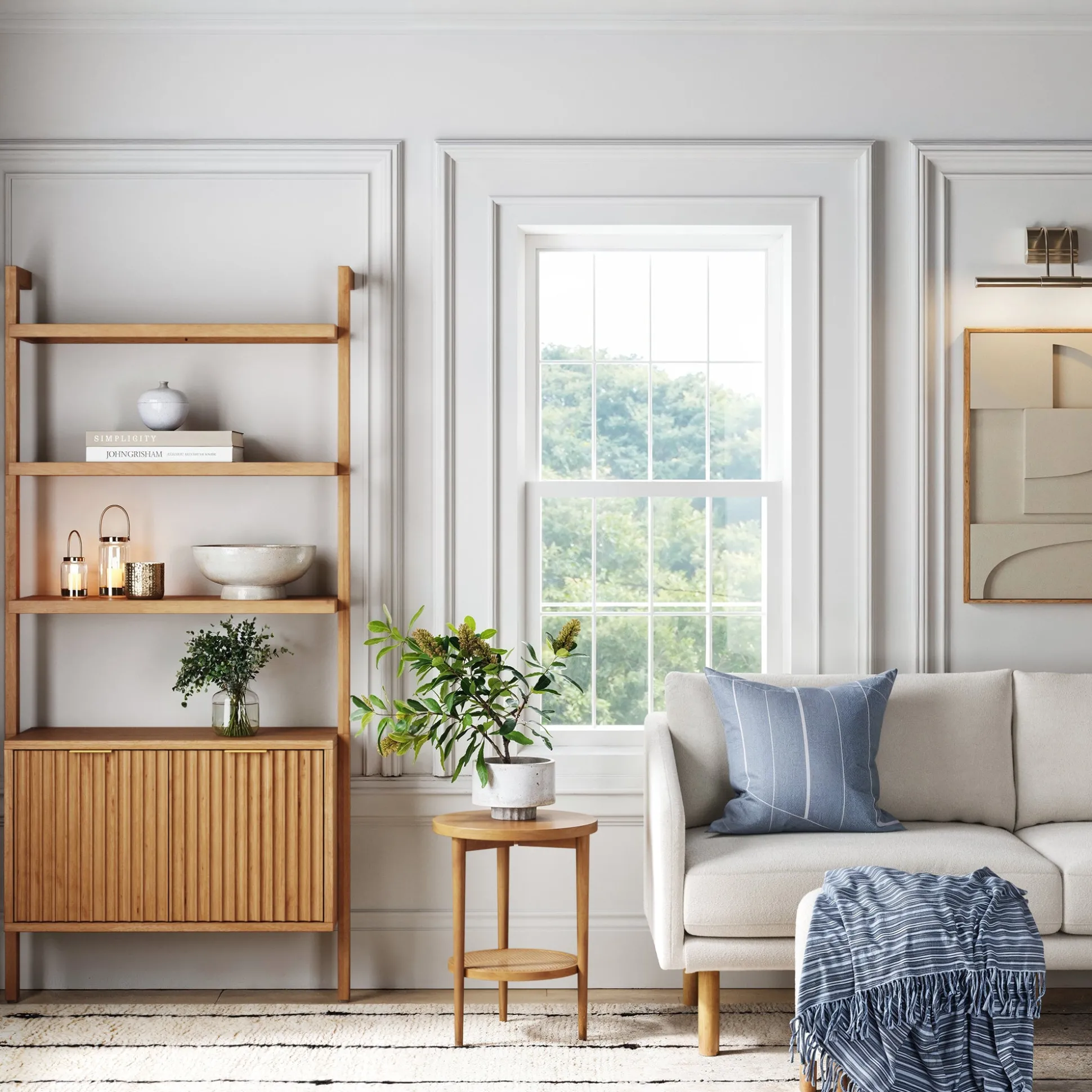 Mid-Century Fluted Wall Bookshelves with Doors Warm Pine (Set of 2)