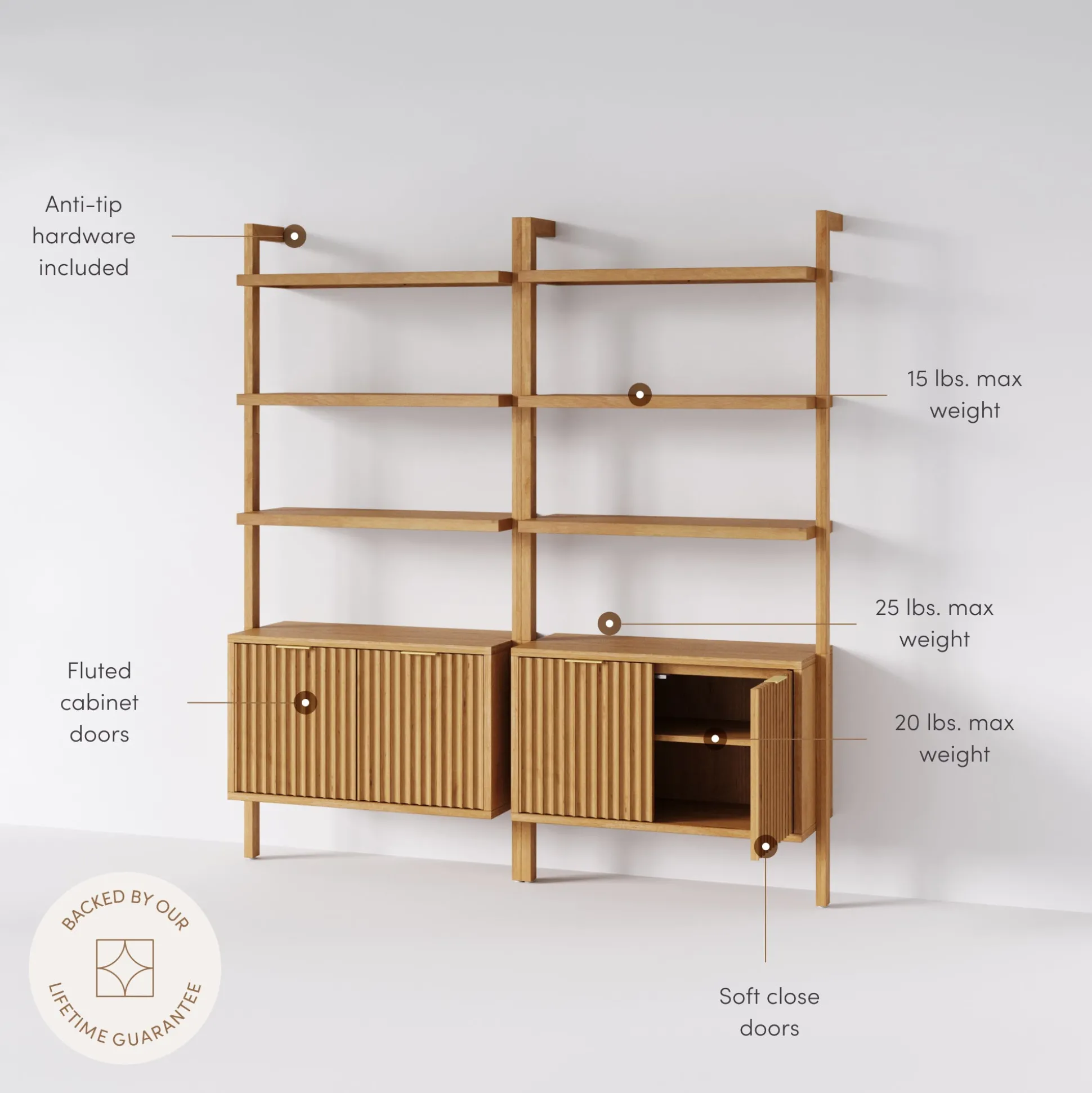 Mid-Century Fluted Wall Bookshelves with Doors Warm Pine (Set of 2)