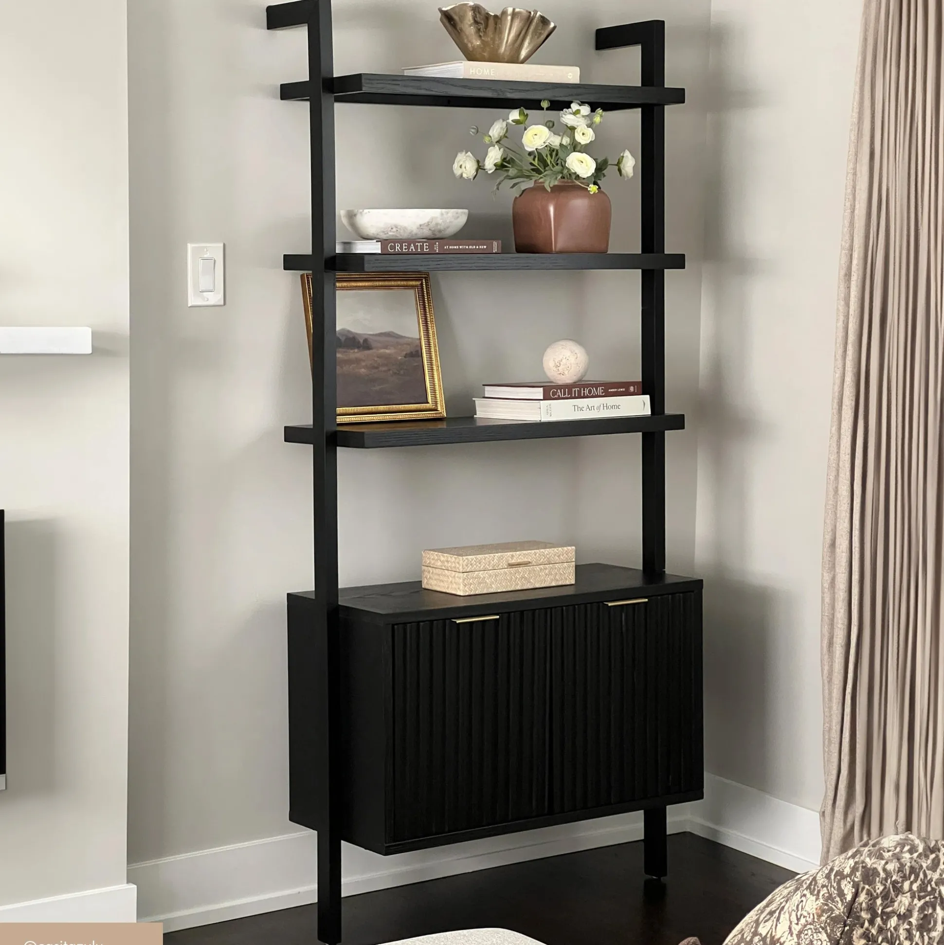 Mid-Century Fluted Wall Bookshelves with Doors Black (Set of 2)