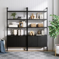Mid-Century Fluted Wall Bookshelves with Doors Black (Set of 2)