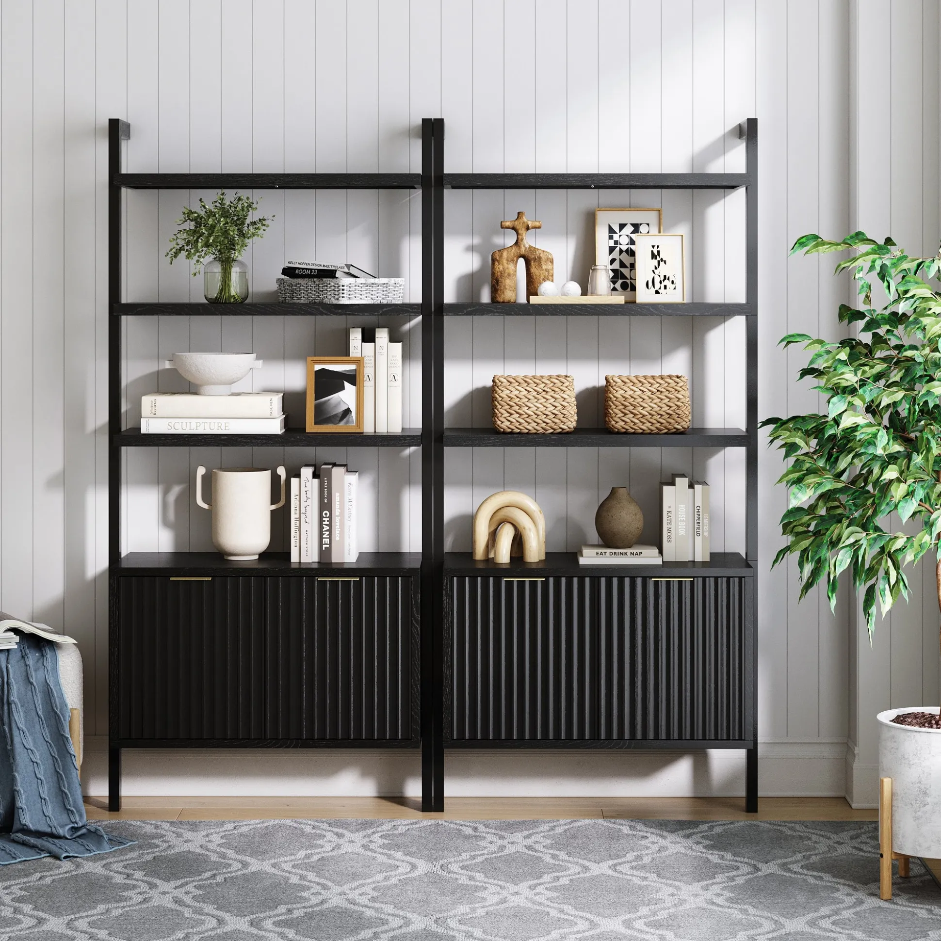 Mid-Century Fluted Wall Bookshelves with Doors Black (Set of 2)