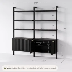 Mid-Century Fluted Wall Bookshelves with Doors Black (Set of 2)