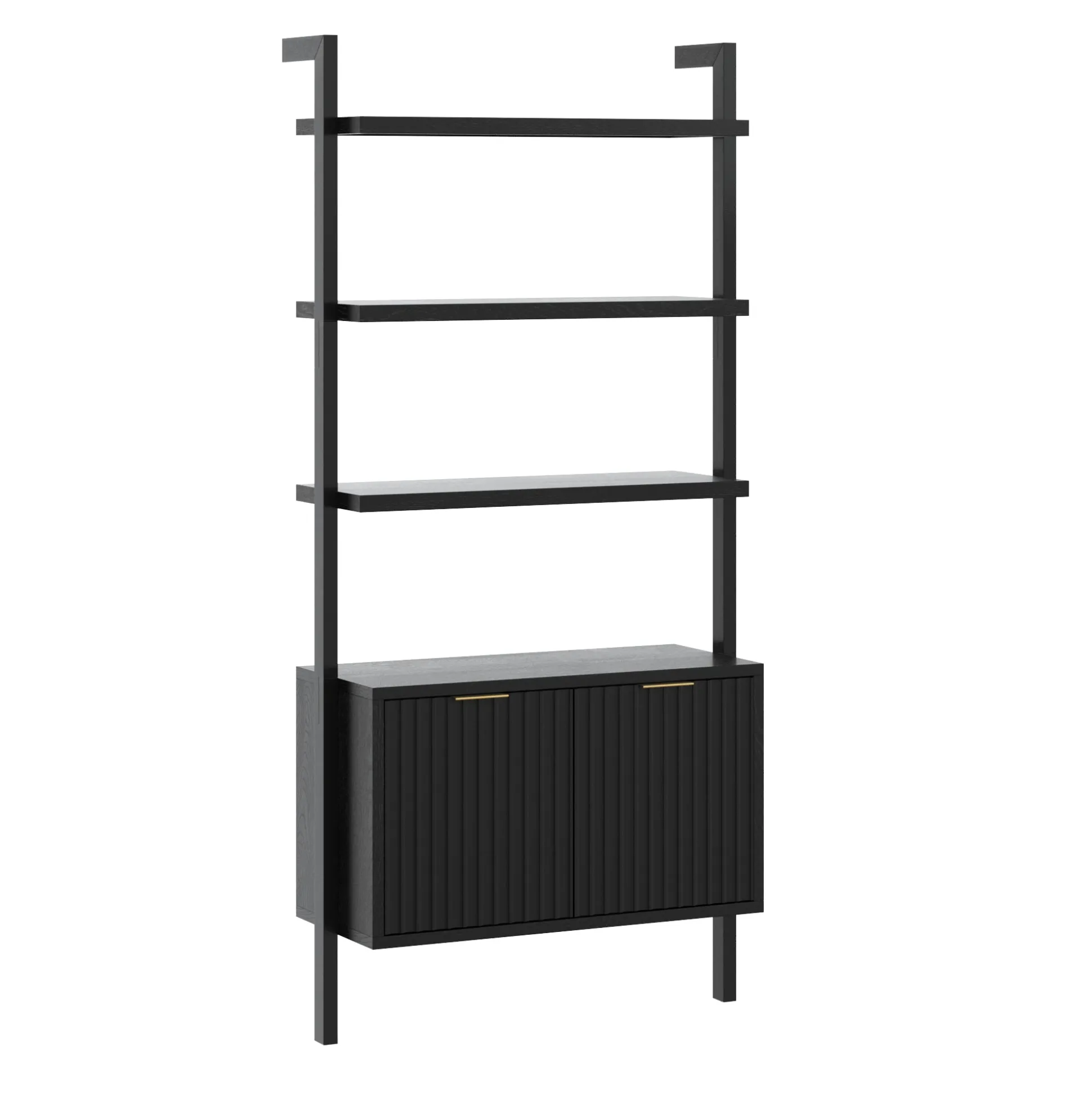 Mid-Century Fluted Wall Bookshelves with Doors Black (Set of 2)