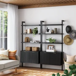 Mid-Century Fluted Wall Bookshelves with Doors Black (Set of 2)