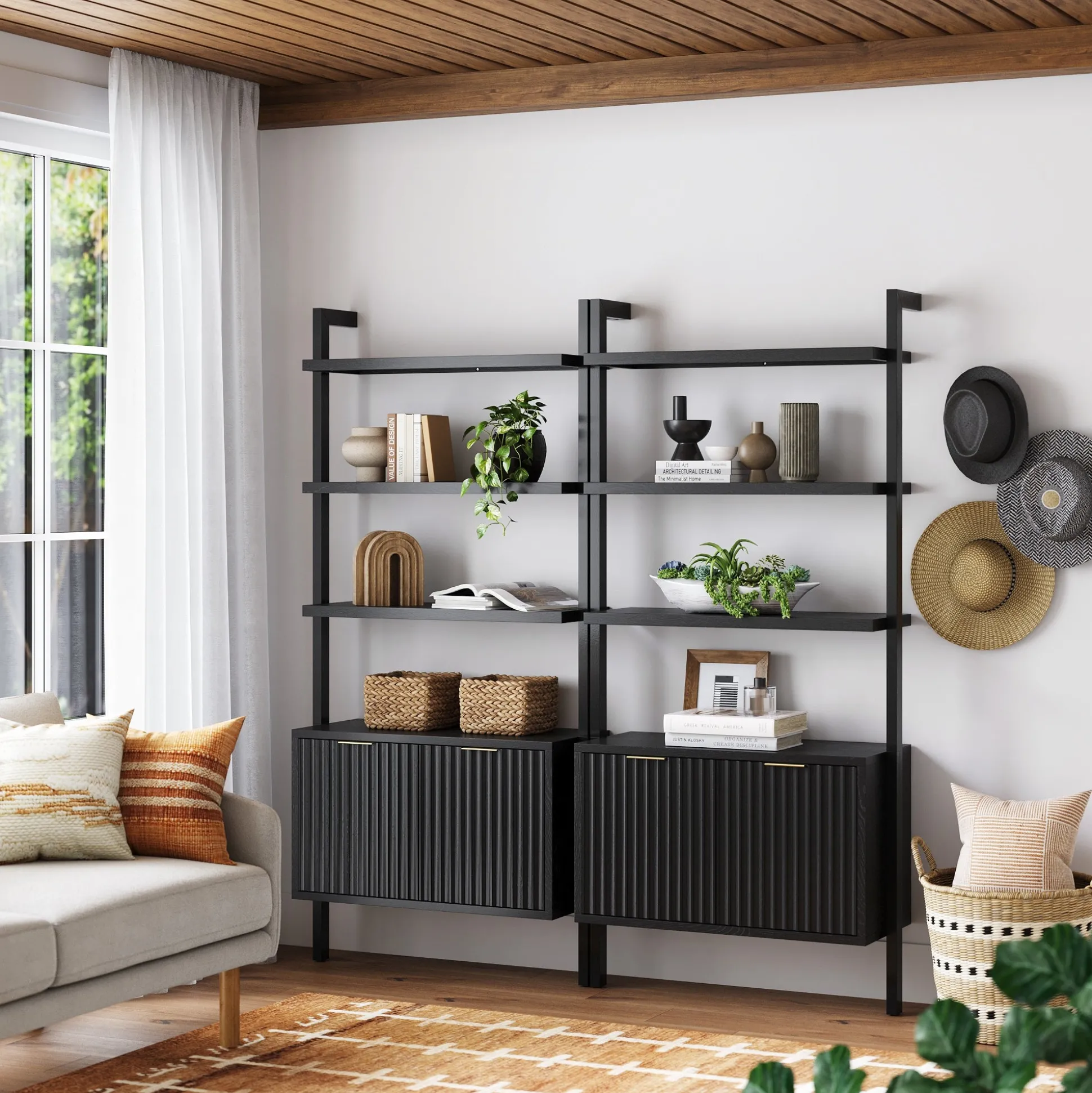 Mid-Century Fluted Wall Bookshelves with Doors Black (Set of 2)