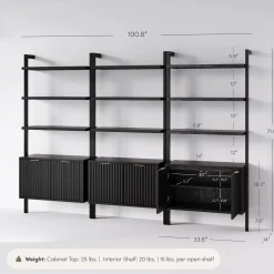 Mid-Century Fluted Wall Bookshelves with Doors Black (Set of 3)