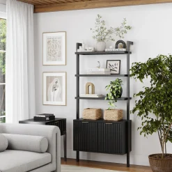 Mid-Century Fluted Wall Bookshelf with Doors Black