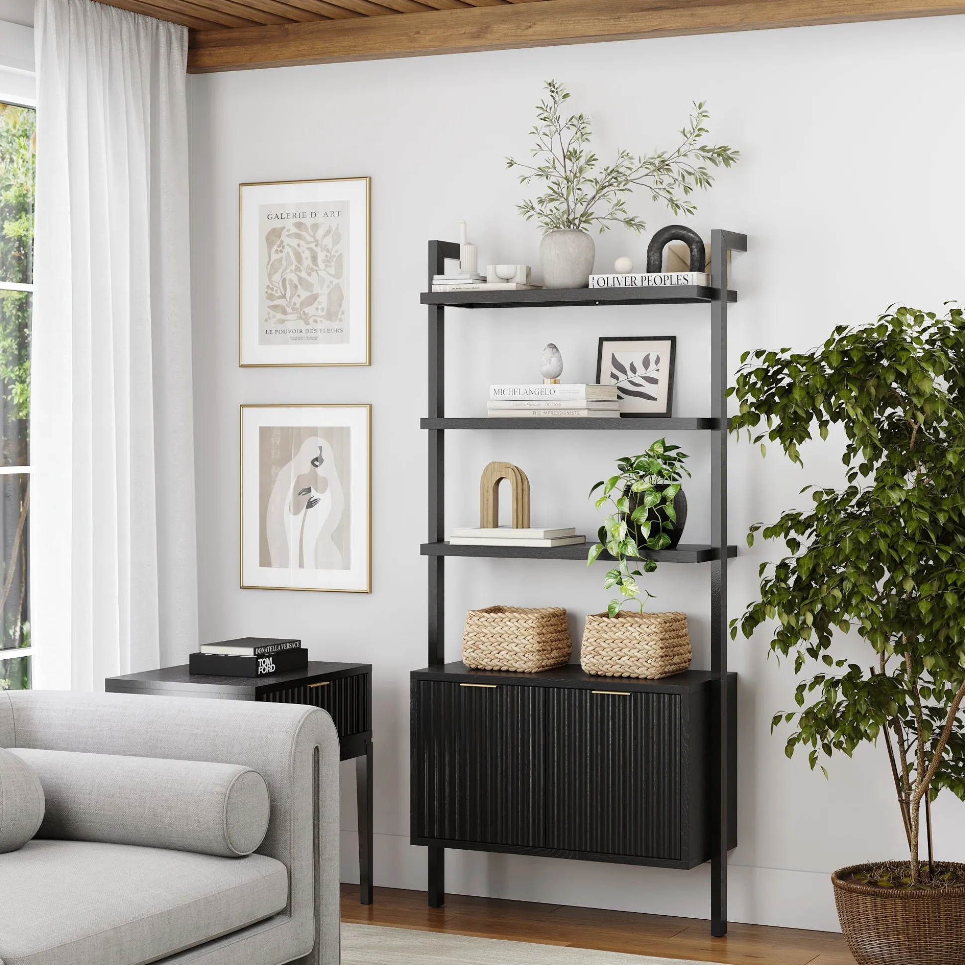 Mid-Century Fluted Wall Bookshelf with Doors Black