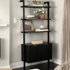 Mid-Century Fluted Wall Bookshelf with Doors Black