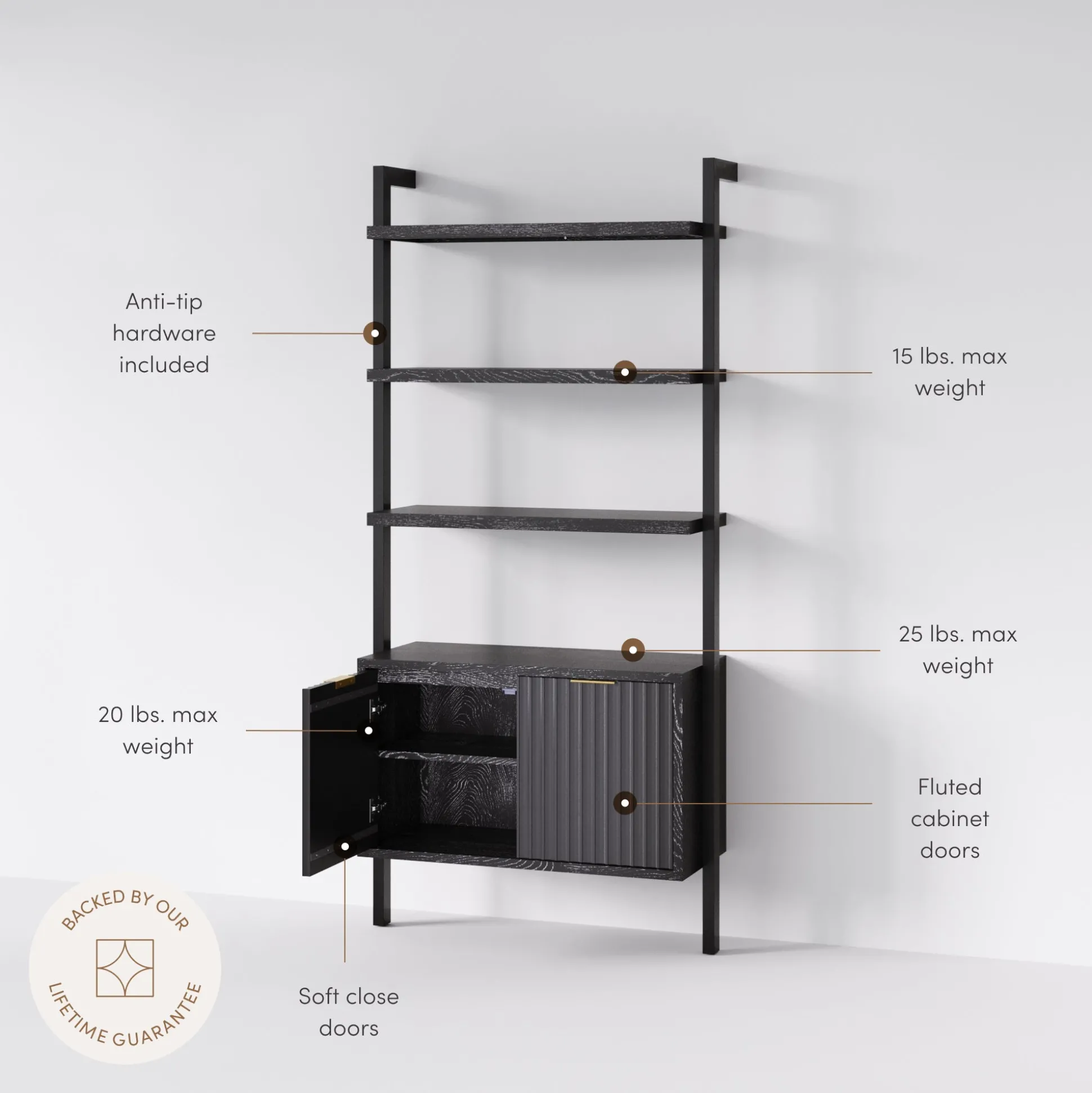 Mid-Century Fluted Wall Bookshelf with Doors Black