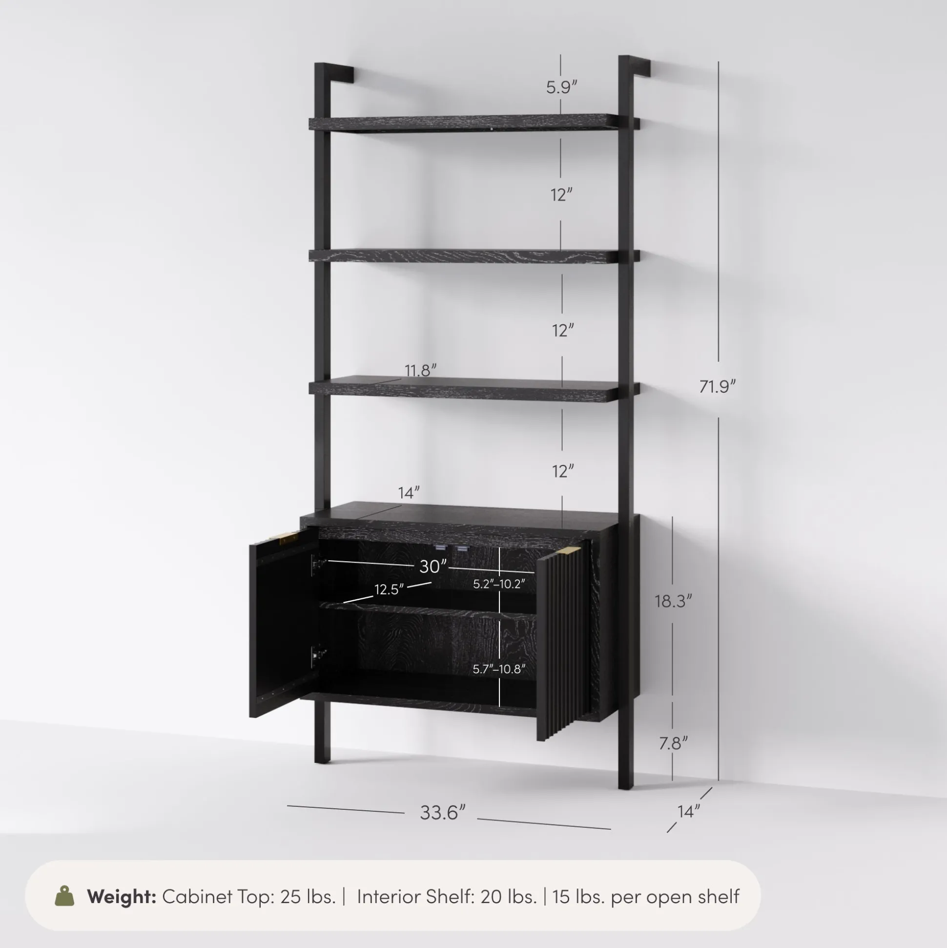 Mid-Century Fluted Wall Bookshelf with Doors Black