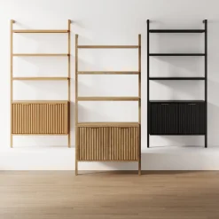 Mid-Century Fluted Wall Bookshelf with Doors Black