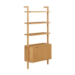 Mid-Century Fluted Wall Bookshelf with Doors Warm Pine