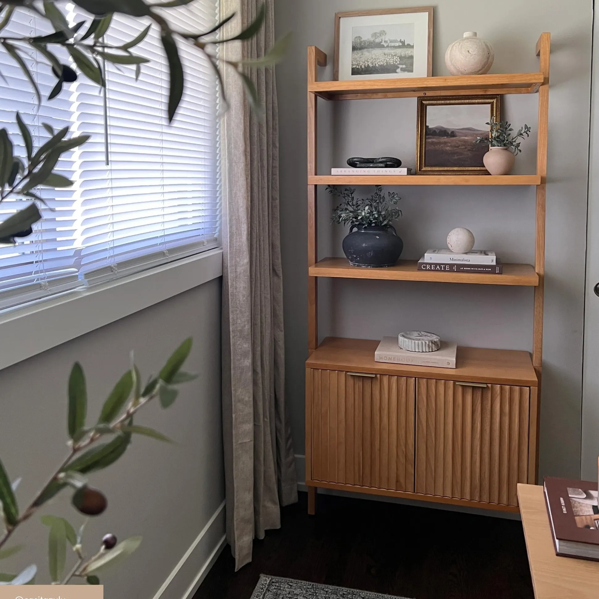 Mid-Century Fluted Wall Bookshelf with Doors Warm Pine