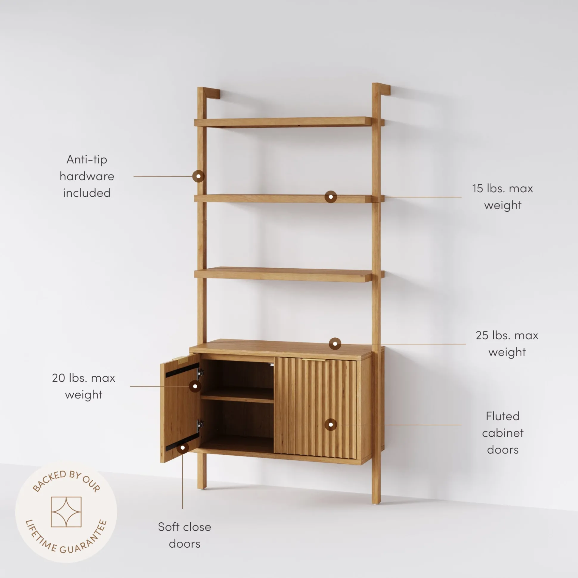 Mid-Century Fluted Wall Bookshelf with Doors Warm Pine