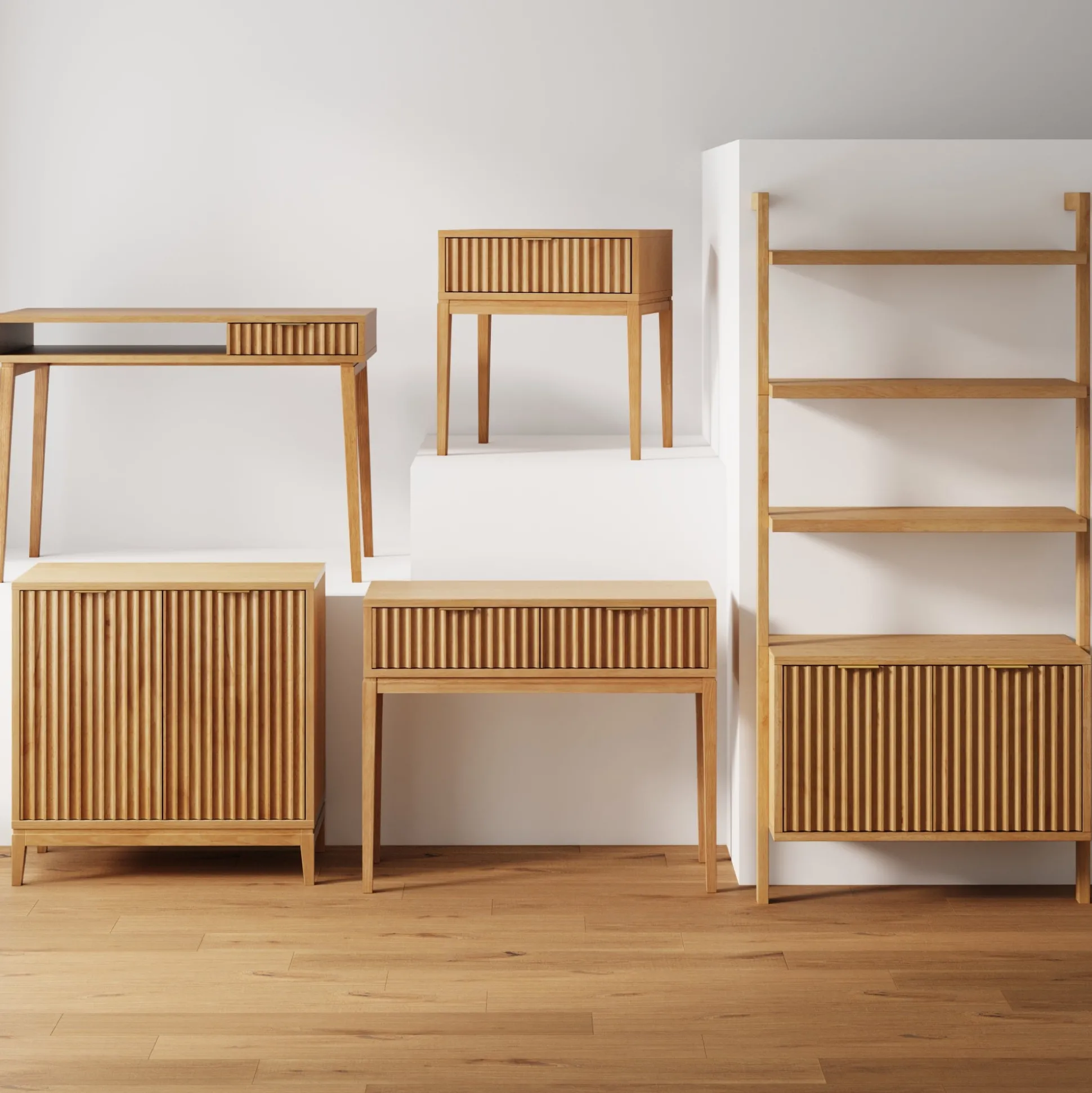 Mid-Century Fluted Wall Bookshelf with Doors Warm Pine