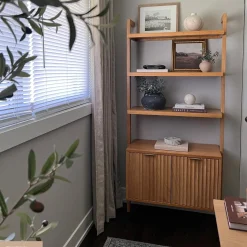 Mid-Century Fluted Wall Bookshelves with Doors Warm Pine (Set of 3)