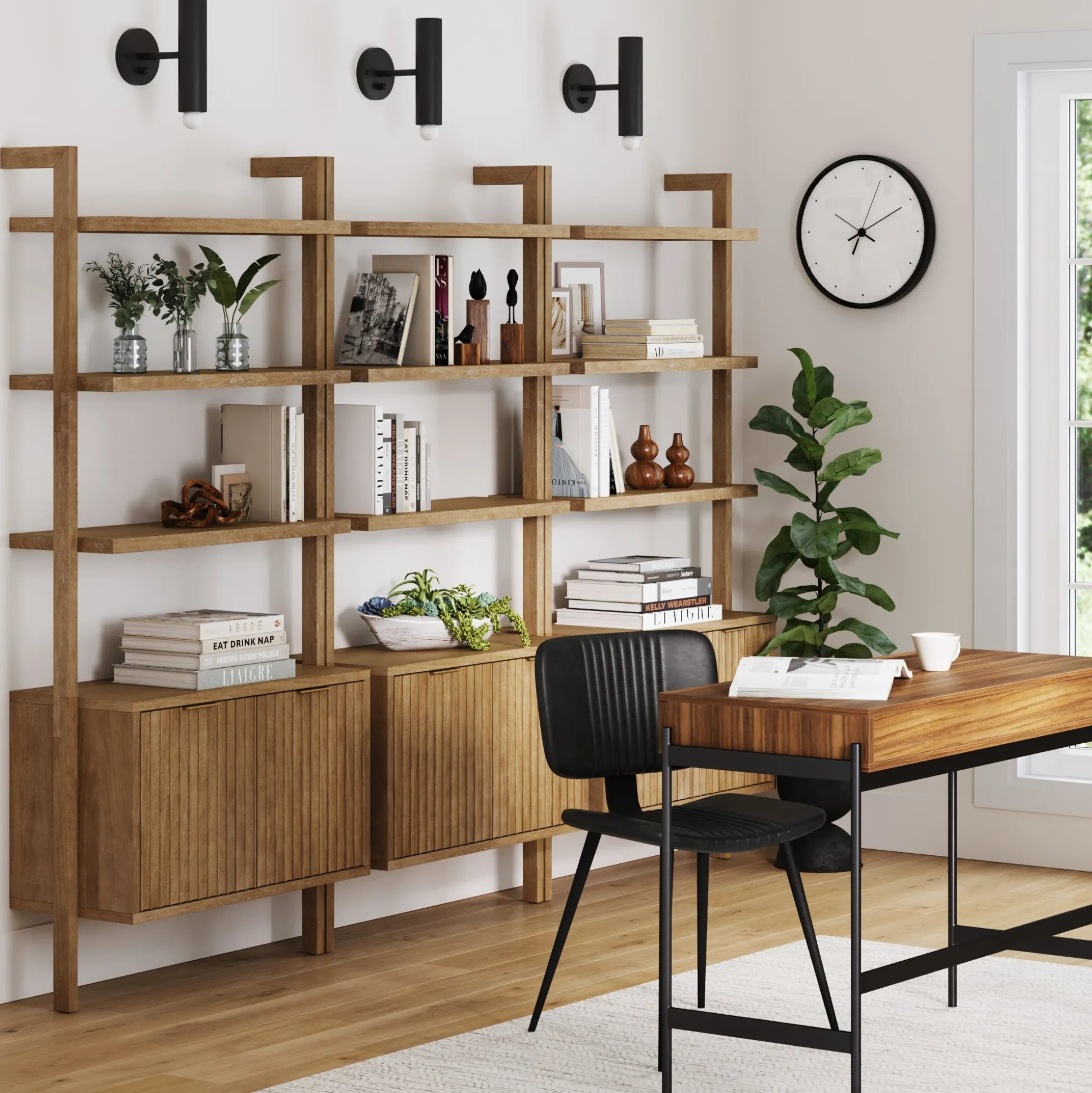 Mid-Century Fluted Wall Bookshelves with Doors Light Brown (Set of 3)