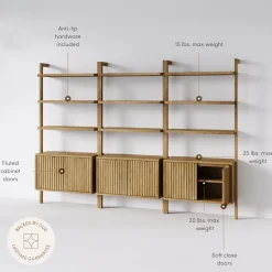 Mid-Century Fluted Wall Bookshelves with Doors Light Brown (Set of 3)