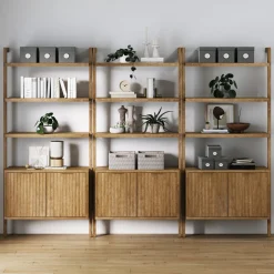 Mid-Century Fluted Wall Bookshelves with Doors Light Brown (Set of 3)