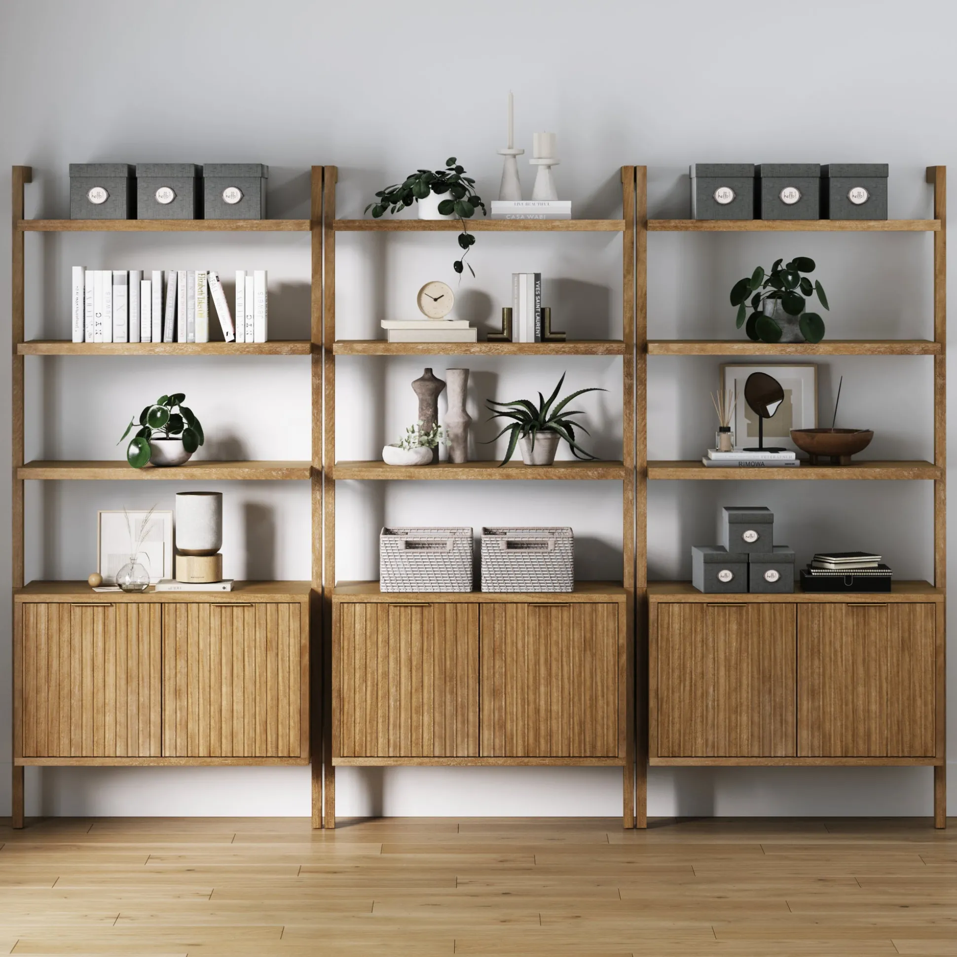 Mid-Century Fluted Wall Bookshelves with Doors Light Brown (Set of 3)