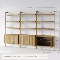 Mid-Century Fluted Wall Bookshelves with Doors Light Brown (Set of 3)