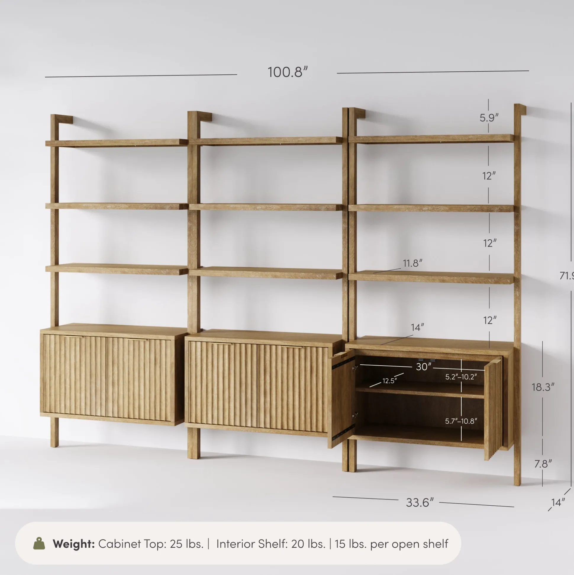 Mid-Century Fluted Wall Bookshelves with Doors Light Brown (Set of 3)
