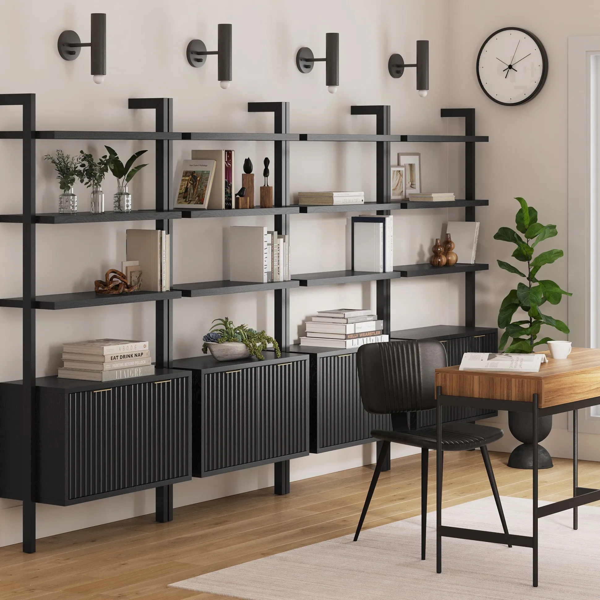 Mid-Century Fluted Wall Bookshelves with Doors Black (Set of 4)
