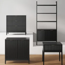 Mid-Century Fluted Wall Bookshelves with Doors Black (Set of 4)