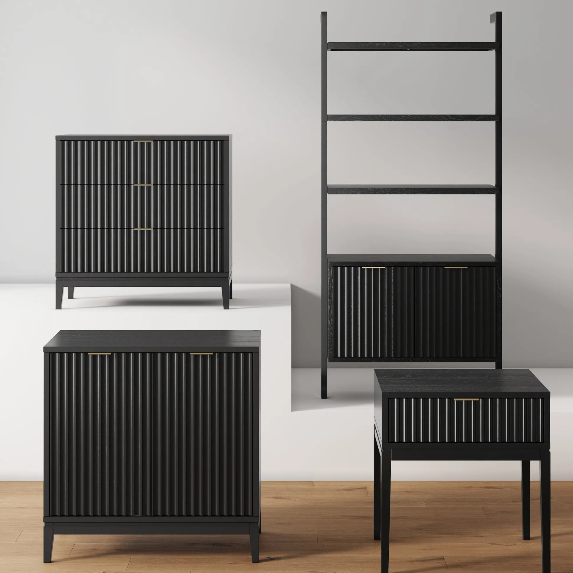 Mid-Century Fluted Wall Bookshelves with Doors Black (Set of 4)