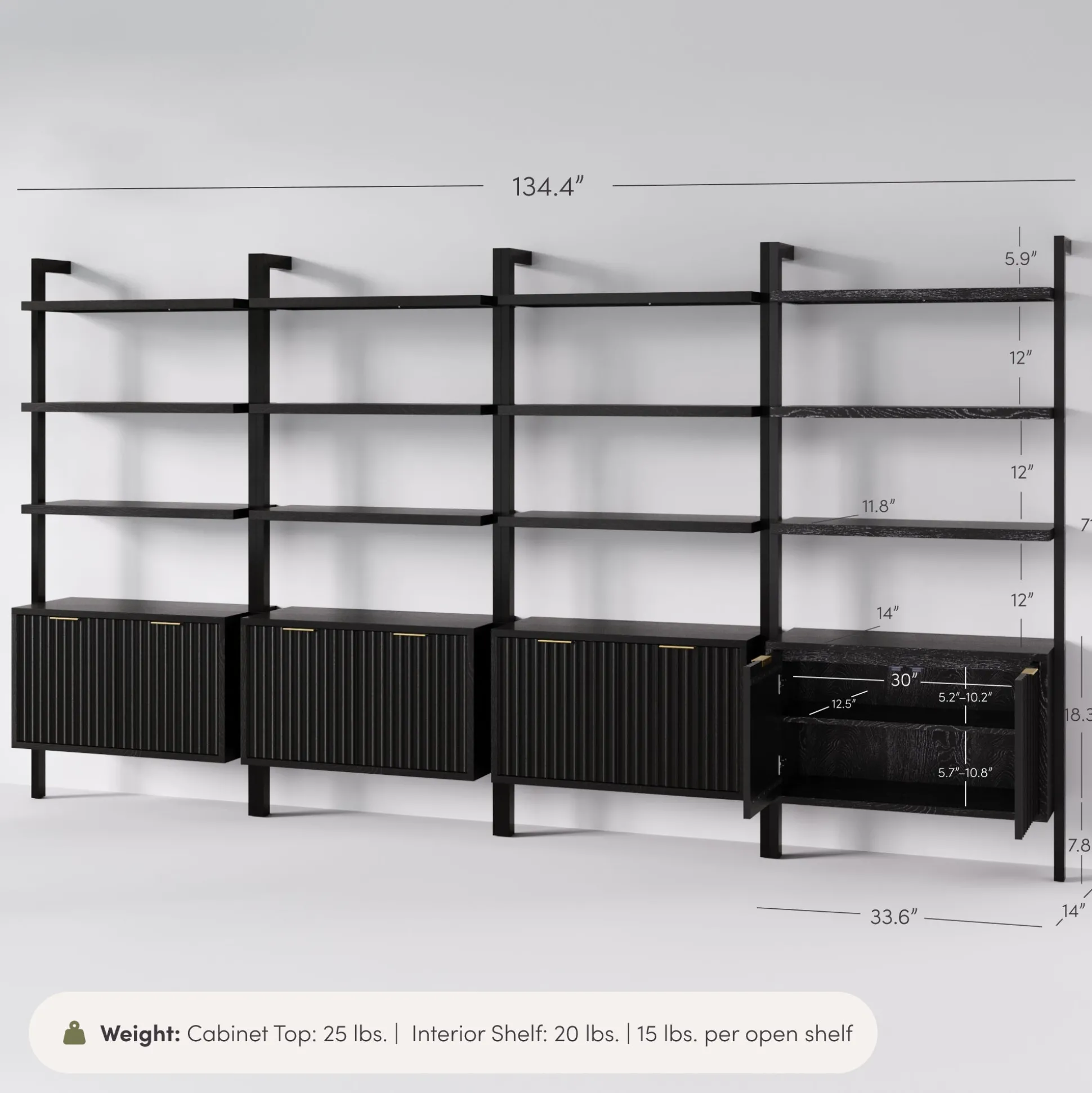 Mid-Century Fluted Wall Bookshelves with Doors Black (Set of 4)