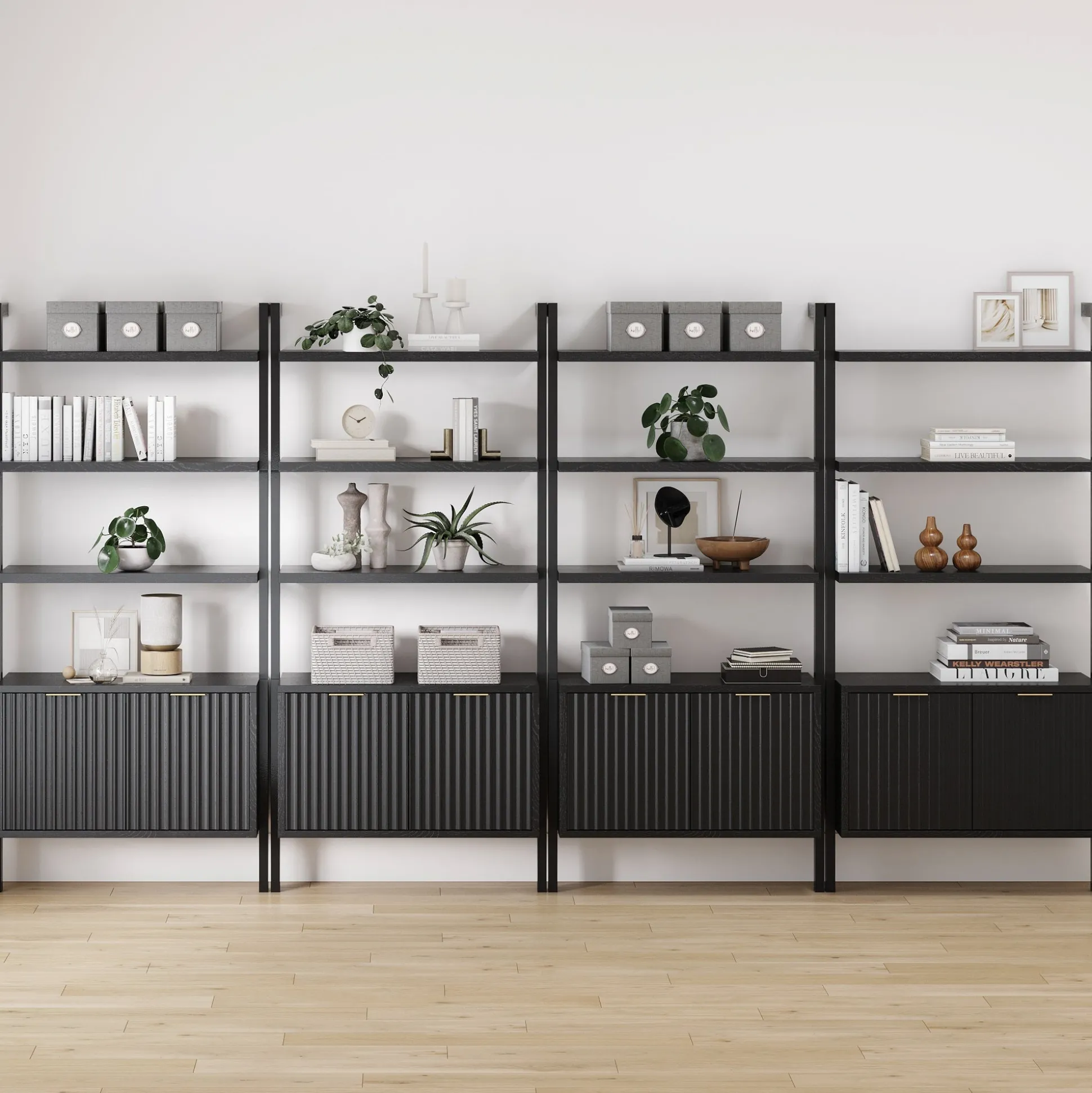 Mid-Century Fluted Wall Bookshelves with Doors Black (Set of 4)