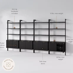 Mid-Century Fluted Wall Bookshelves with Doors Black (Set of 4)