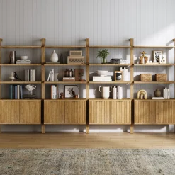 Mid-Century Fluted Wall Bookshelves with Doors Light Brown (Set of 4)