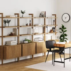 Mid-Century Fluted Wall Bookshelves with Doors Light Brown (Set of 4)