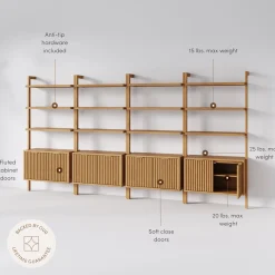 Mid-Century Fluted Wall Bookshelves with Doors Warm Pine (Set of 4)