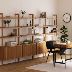 Mid-Century Fluted Wall Bookshelves with Doors Warm Pine (Set of 4)