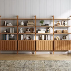 Mid-Century Fluted Wall Bookshelves with Doors Warm Pine (Set of 4)