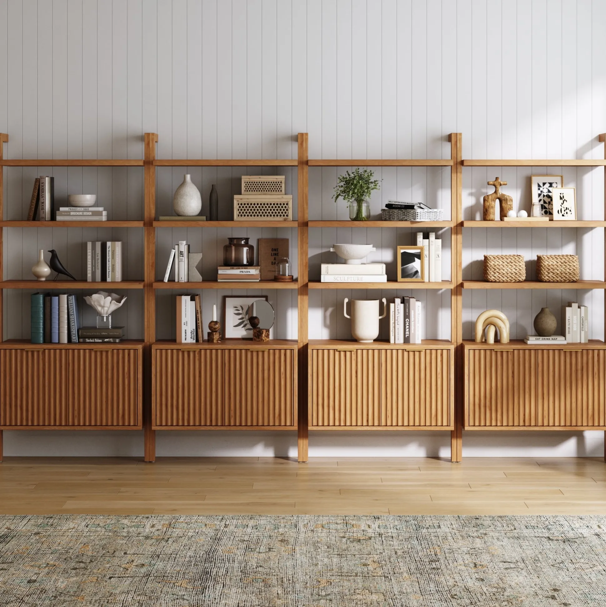 Mid-Century Fluted Wall Bookshelves with Doors Warm Pine (Set of 4)