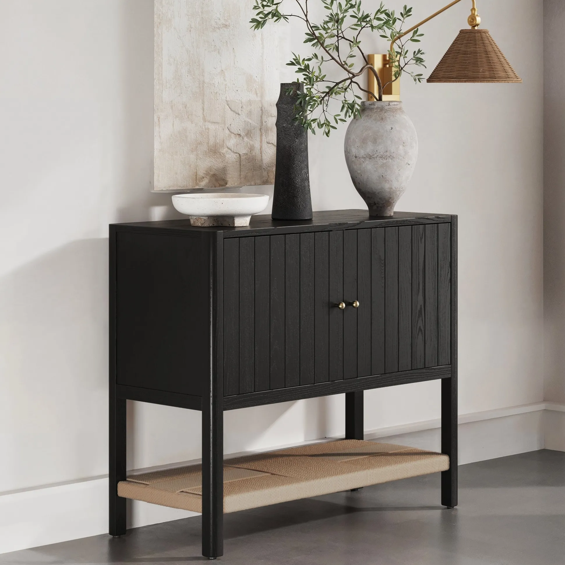 Mid-Century Grooved Door Storage Cabinet Black Oak