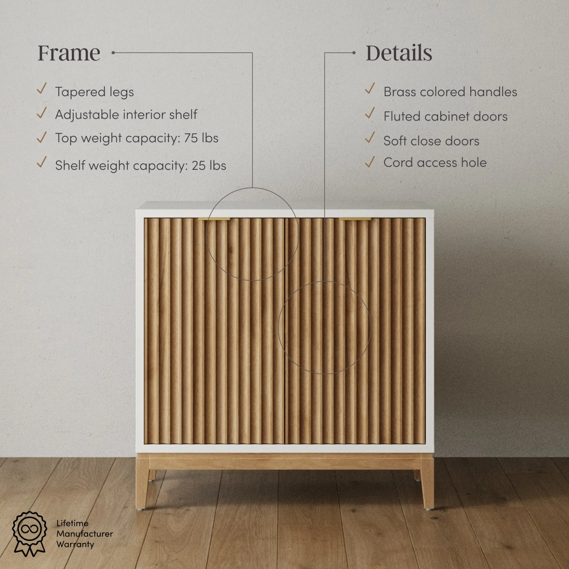 Mid-Century Large Fluted Credenza Console Table Warm White Warm Pine (Set of 4)