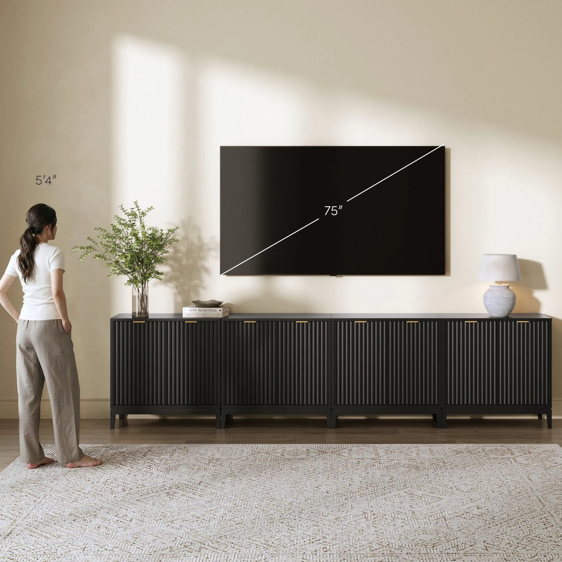Mid-Century Large Fluted Credenza Console Table Black Oak (Set of 4)