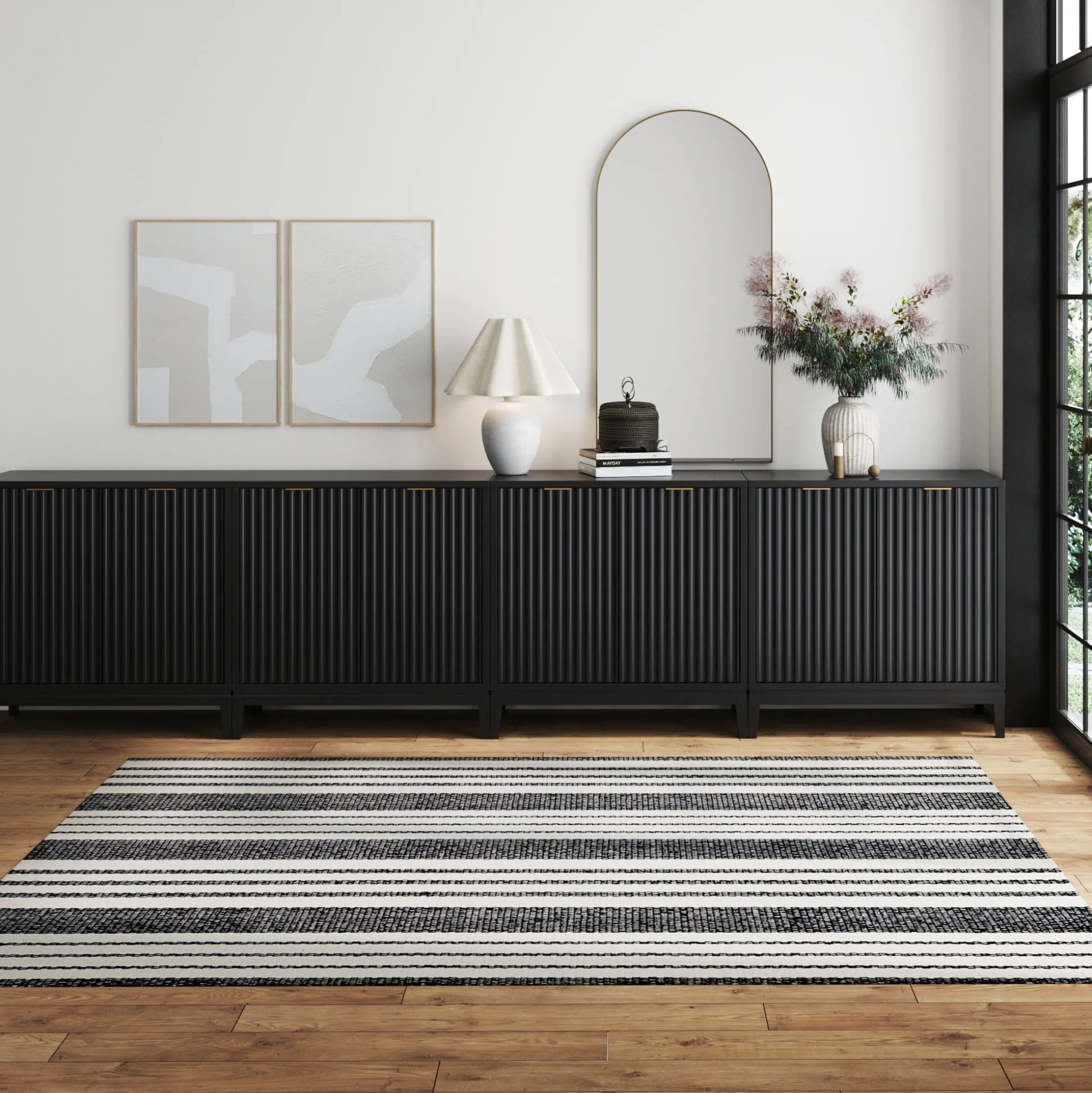 Mid-Century Large Fluted Credenza Console Table Black Oak (Set of 4)