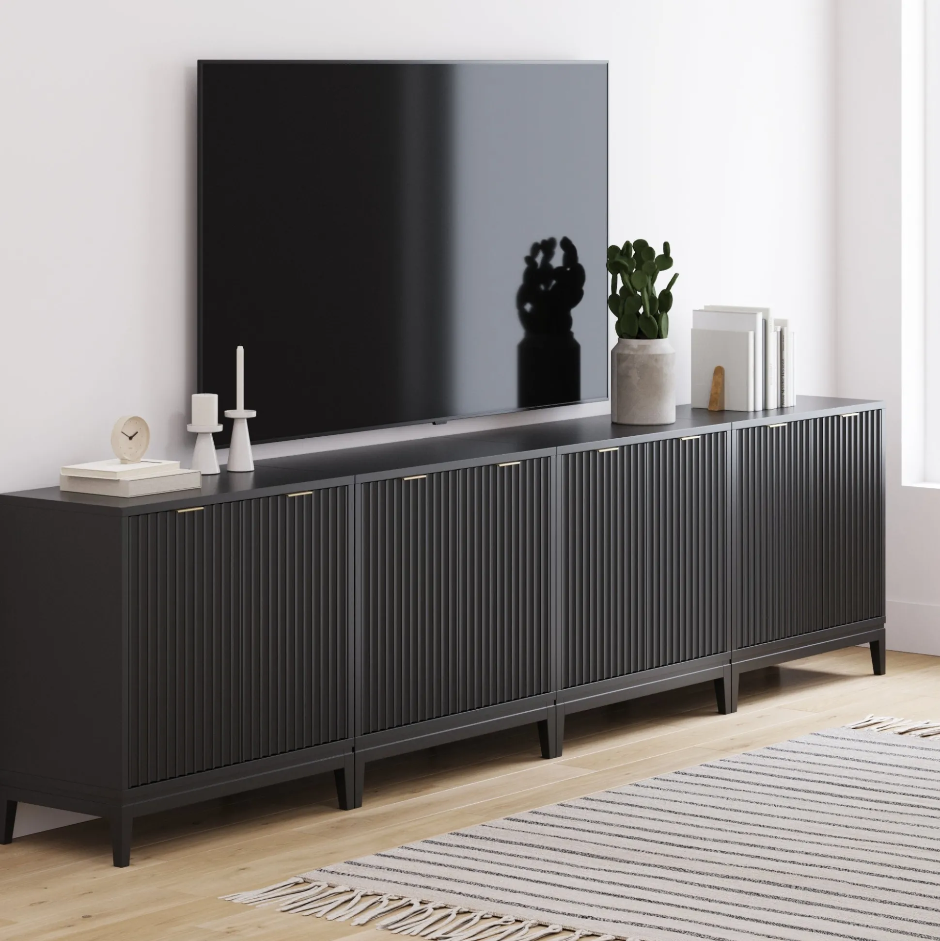 Mid-Century Large Fluted Credenza Console Table Black Oak (Set of 4)